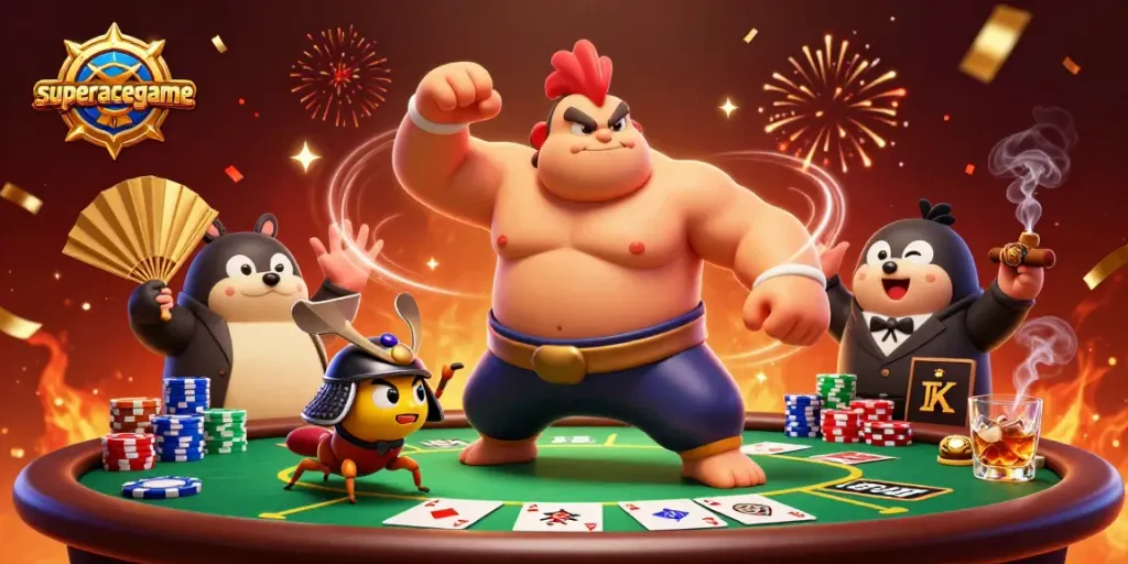 Experience the action of superacegame with vibrant characters and dynamic gambling elements in this casino scene.
