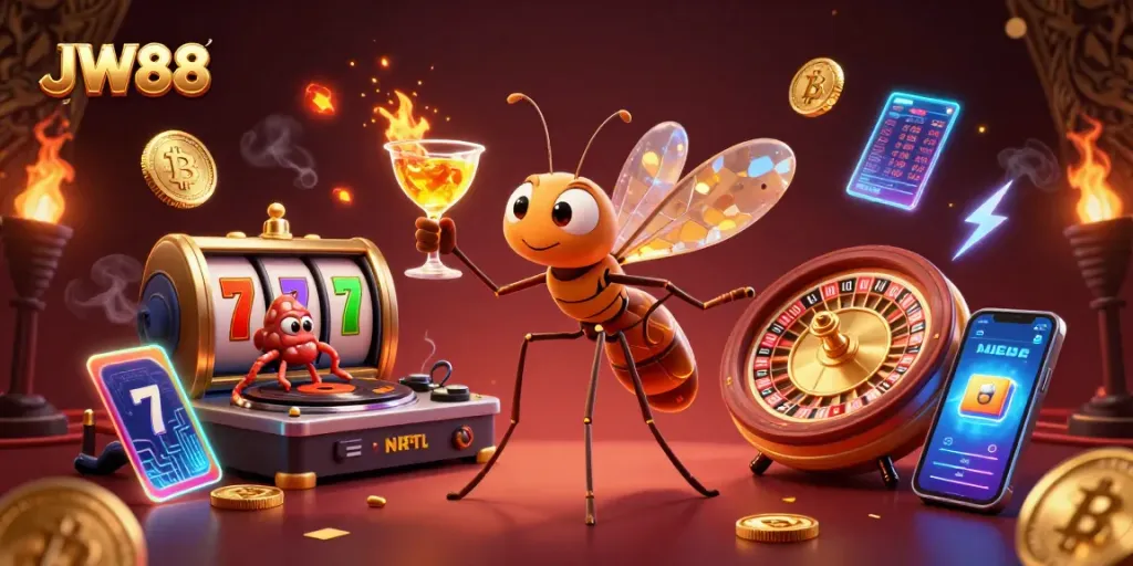 Experience JW88's vibrant casino atmosphere with dynamic characters and luxurious game elements.