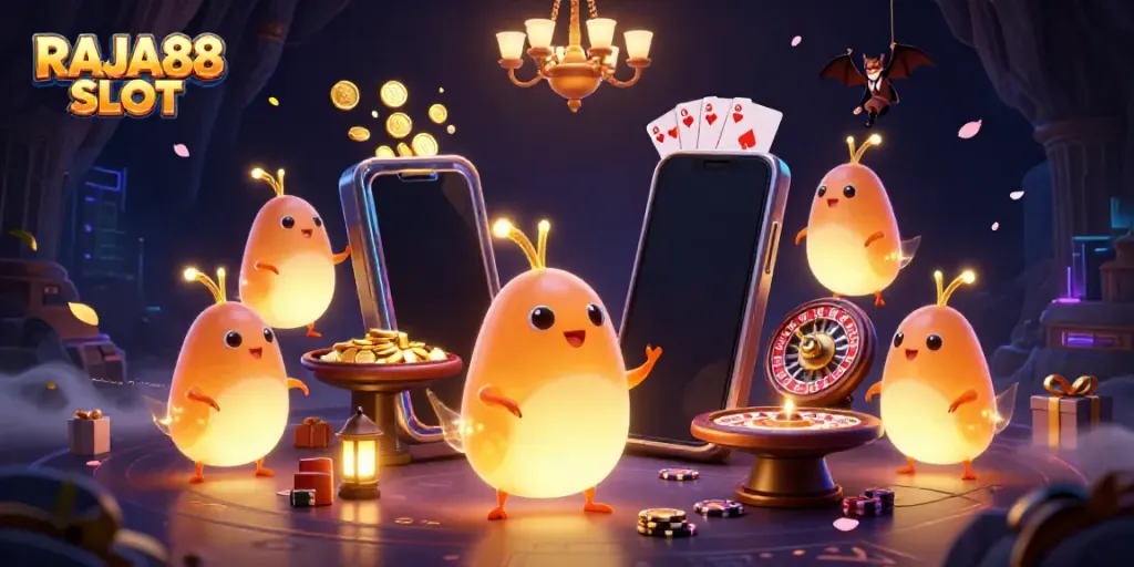Immerse in the RAJA88 SLOT experience with a lit cave casino scene featuring vibrant characters and games.