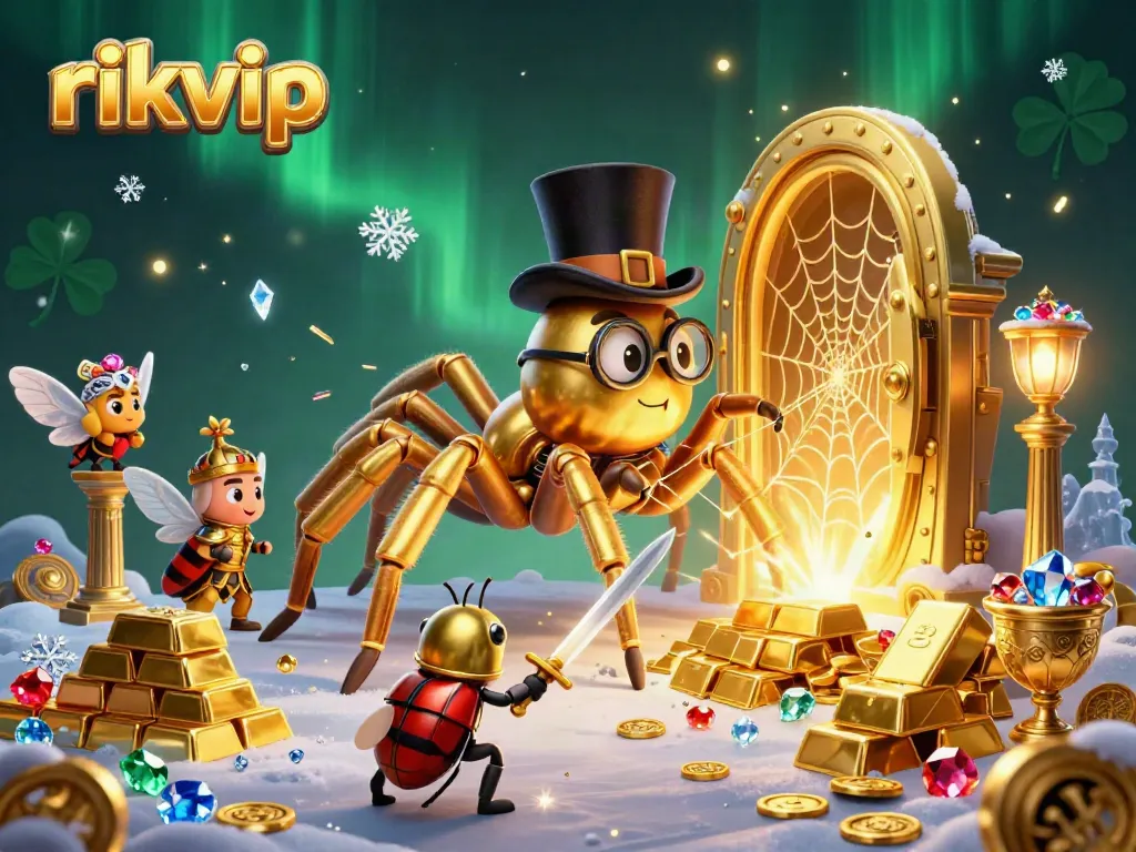 Experience the thrilling world of rikvip with a grand 3D scene featuring characters and gold elements from the casino!