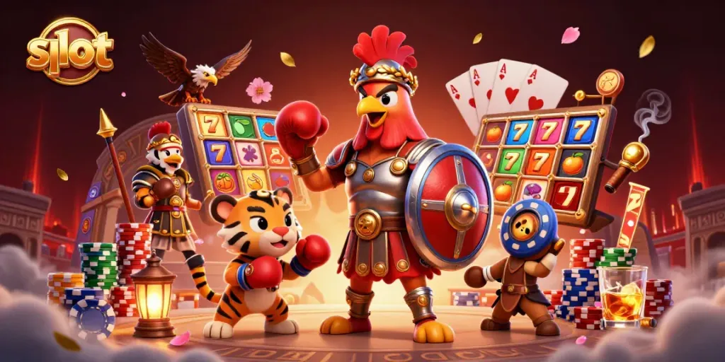 Spin slot reels and engage with 3D gladiator characters in this vibrant casino illustration.