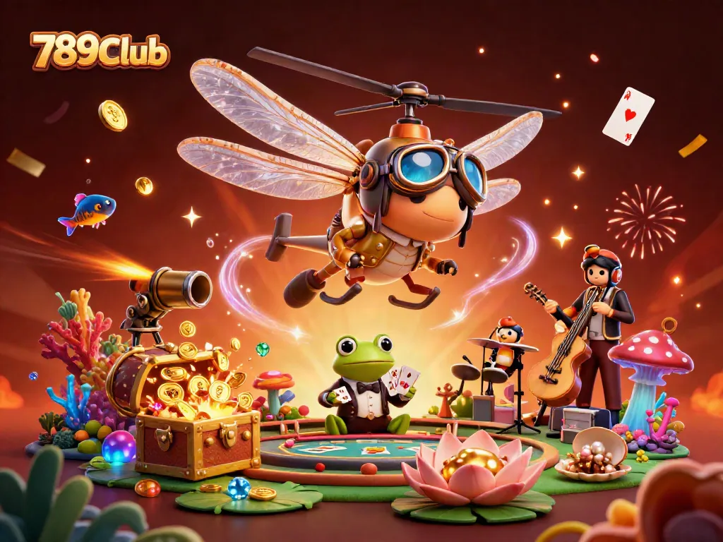 Experience the thrilling 789Club casino scene with a lively dragonfly pilot and frog dealer.