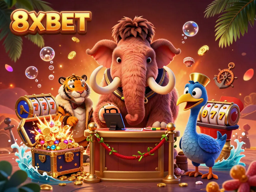Engage with 8XBET in a vibrant casino scene featuring a woolly mammoth bouncer and slot machines.