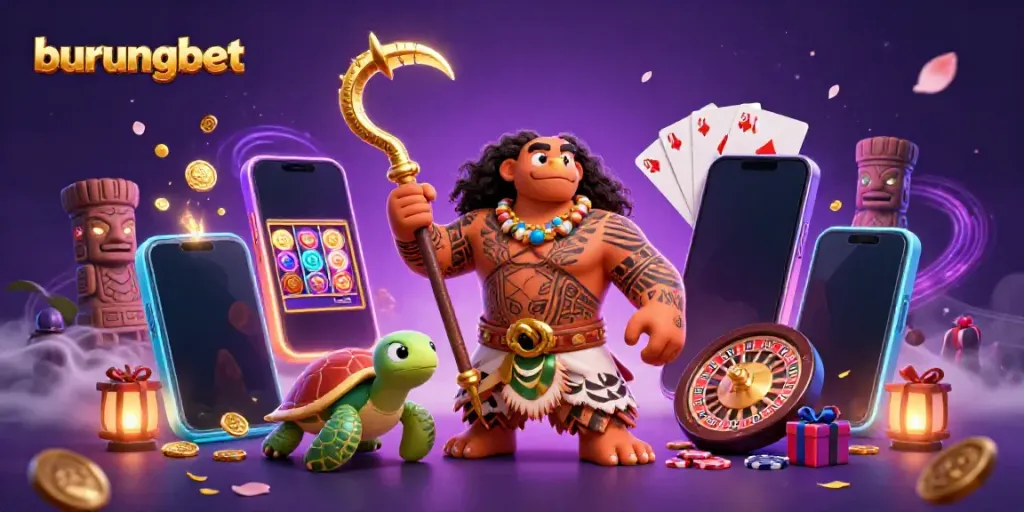 Gambaran burungbet dengan karakter dewa Maui, permainan slot, dan suasana kasino yang hidup.