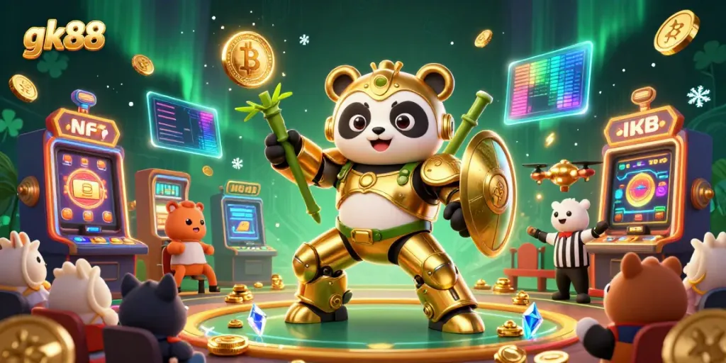 Engage with gk88's dynamic 3D casino scene featuring a mech-suit golden panda involved in a jackpot challenge.