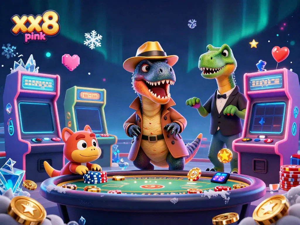 Experience the dynamic action of xx8 pink with a velociraptor card counter and casino atmosphere in 3D illustration.