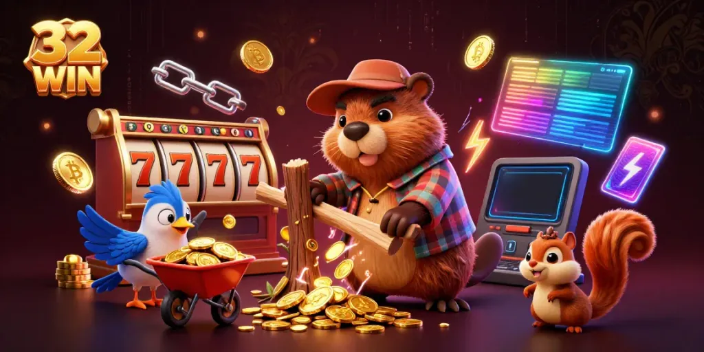 Experience the thrill of winning with 32 WIN as cartoon characters celebrate amidst gold coins and slot machines.