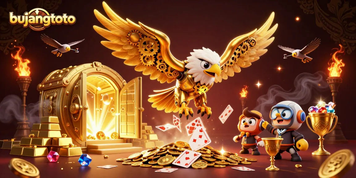 Bujangtoto showcases excitement with a cybernetic eagle and holographic cards in a lavish casino setting.