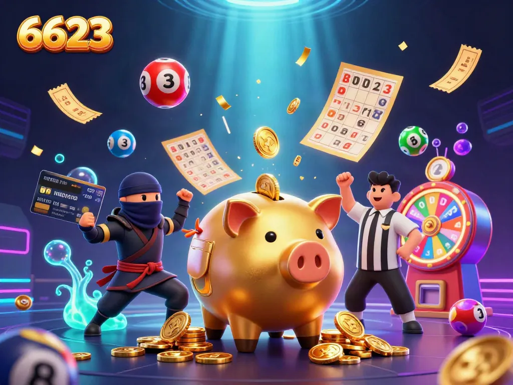 Celebrities of 6623 engage in a vibrant casino scene with dynamic coins and energetic game elements all around.