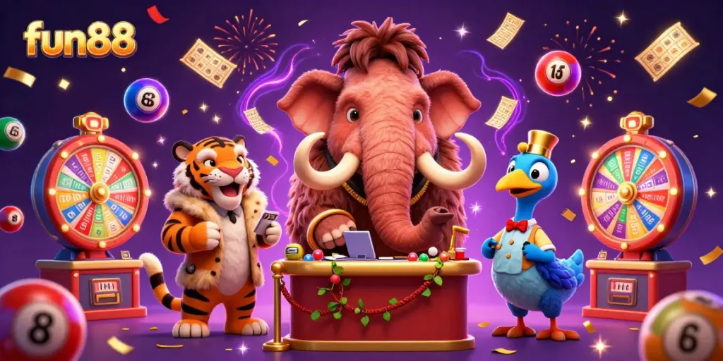 Experience fun88 with vibrant lottery scenes featuring a woolly mammoth bouncer, saber-tooth tiger guest, and dodo bird doorman.