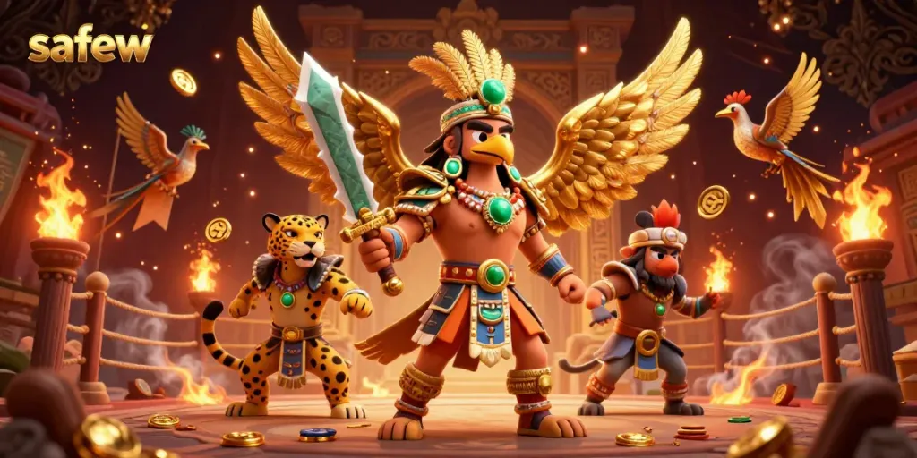 Engage with safew's casino adventure featuring Aztec warriors and vibrant gambling elements.