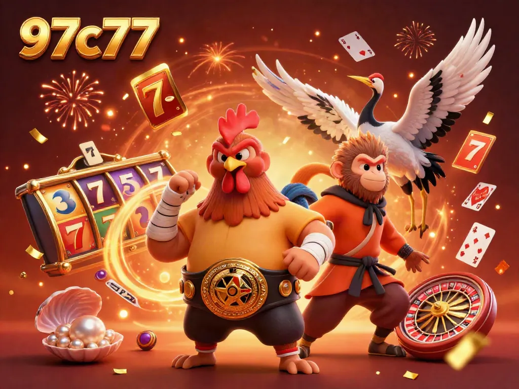Engage in thrilling gaming adventures with 97c77's vibrant casino scene featuring characters, slot reels, and confetti.