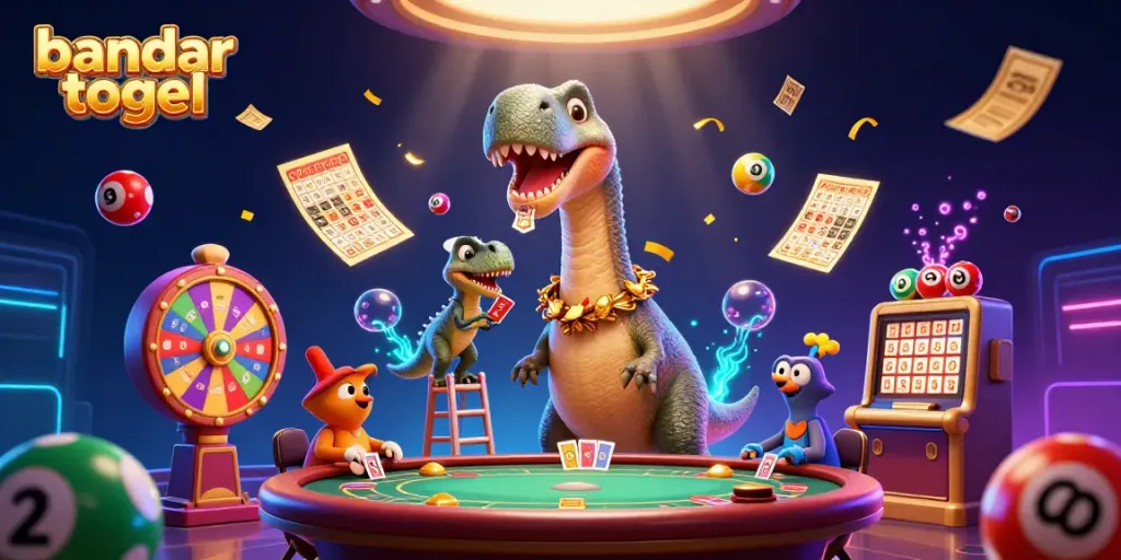 Melihat bandar togel dengan dinosaurus 3D, bola lotere berwarna, dan kartu bingo berkilau.