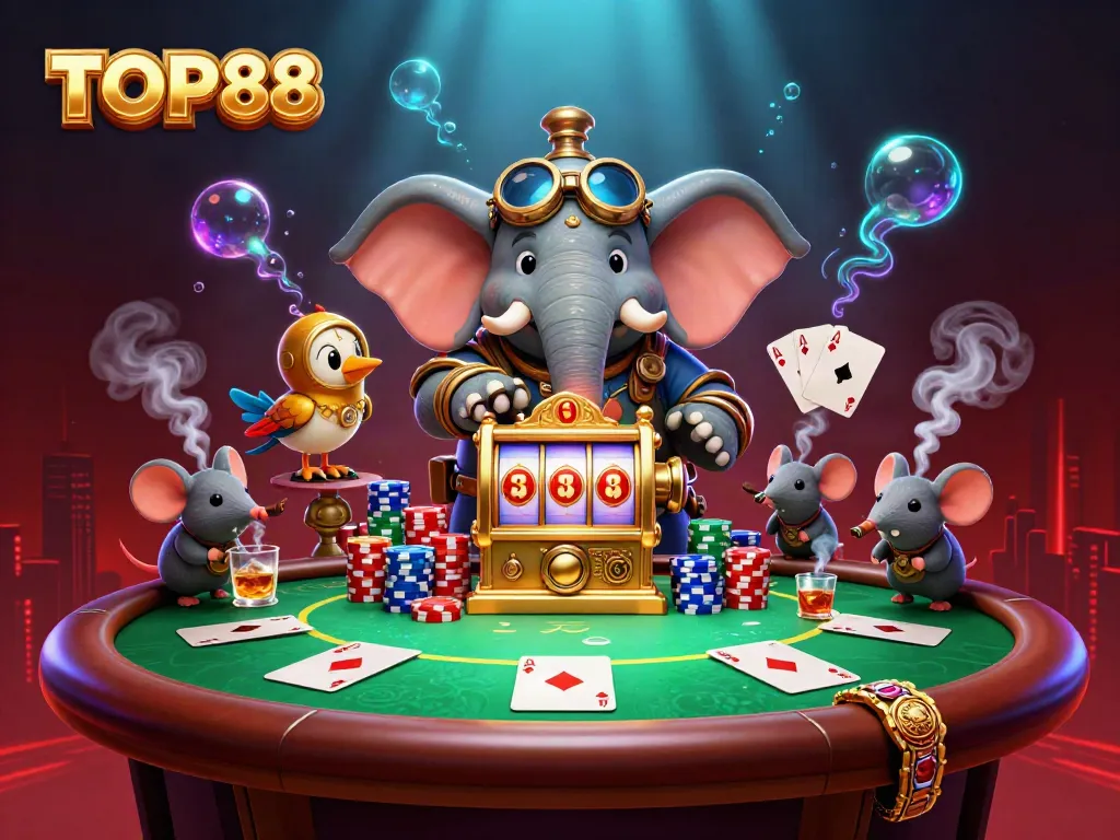 Experience thrilling action with TOP88 featuring a steampunk elephant at the slot machine surrounded by vibrant casino elements.
