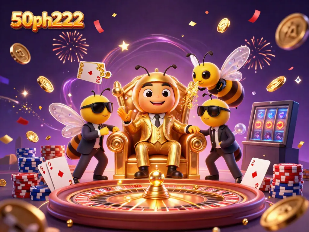 50ph222's dynamic 3D casino scene showing a bumblebee mob boss amidst golden coins and casino elements.
