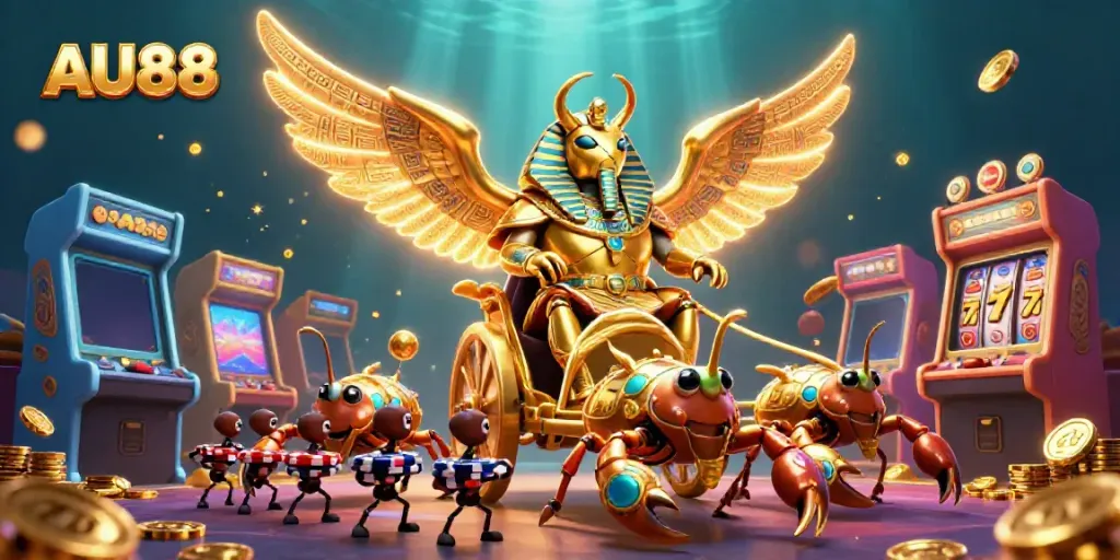 Experience the excitement of AU88 with a vibrant casino-themed 3D illustration showcasing dynamic game elements.