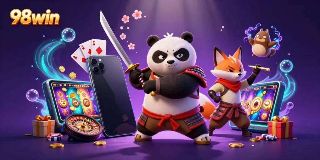 Experience the thrilling world of 98win with a fierce panda samurai and a ninja fox in a captivating casino scene.