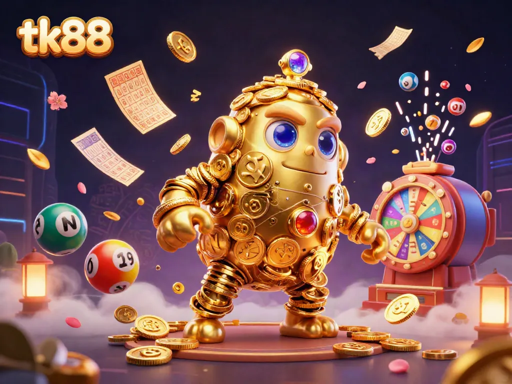 Engage with the thrilling tk88 gaming experience, featuring a glimmering golden golem and dynamic lottery elements.