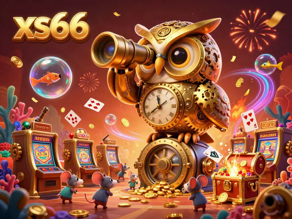 Experience exciting gameplay at xs66, featuring a golden owl and playful mice amidst vibrant casino elements.
