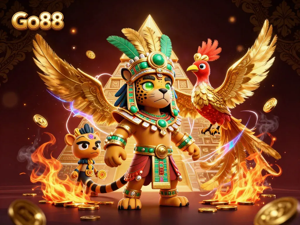 Experience thrilling gaming with Go88's vibrant 3D scene featuring dynamic characters and rich casino elements.