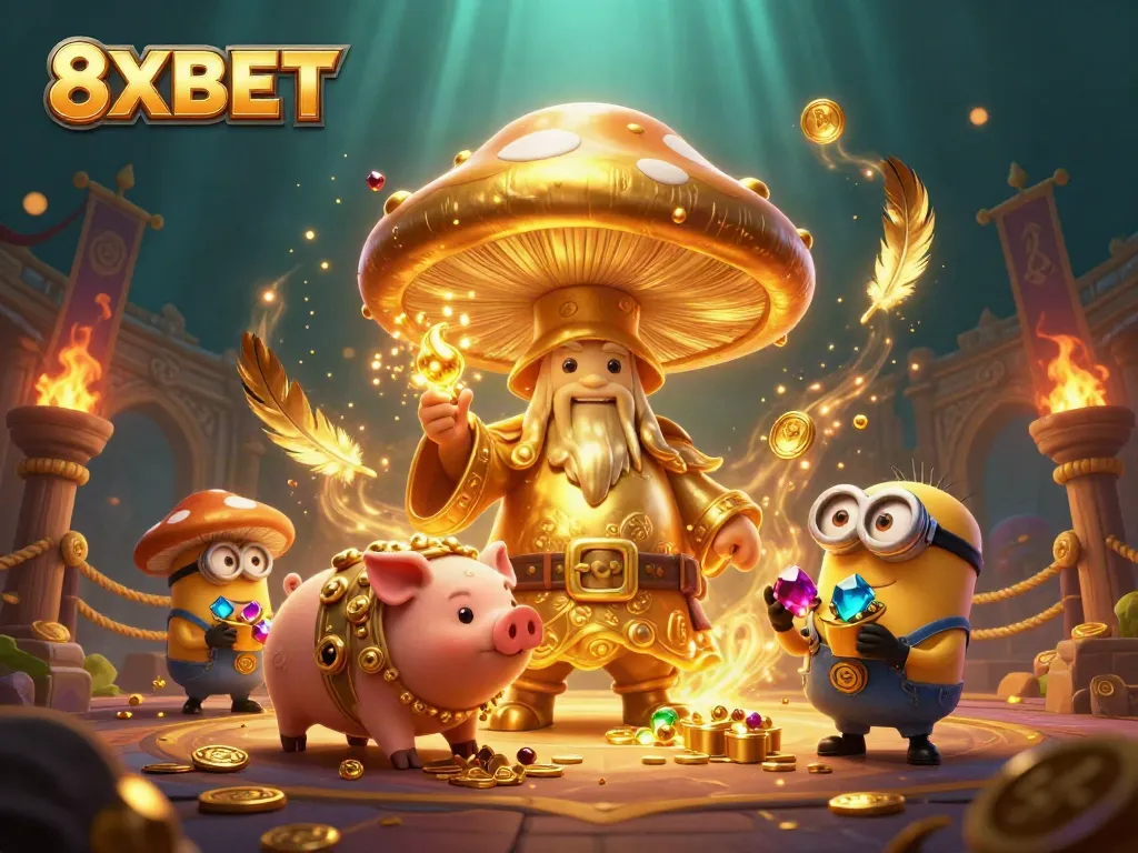 Experience the magic at 8XBET with a wizard transforming treasure and vibrant casino action.