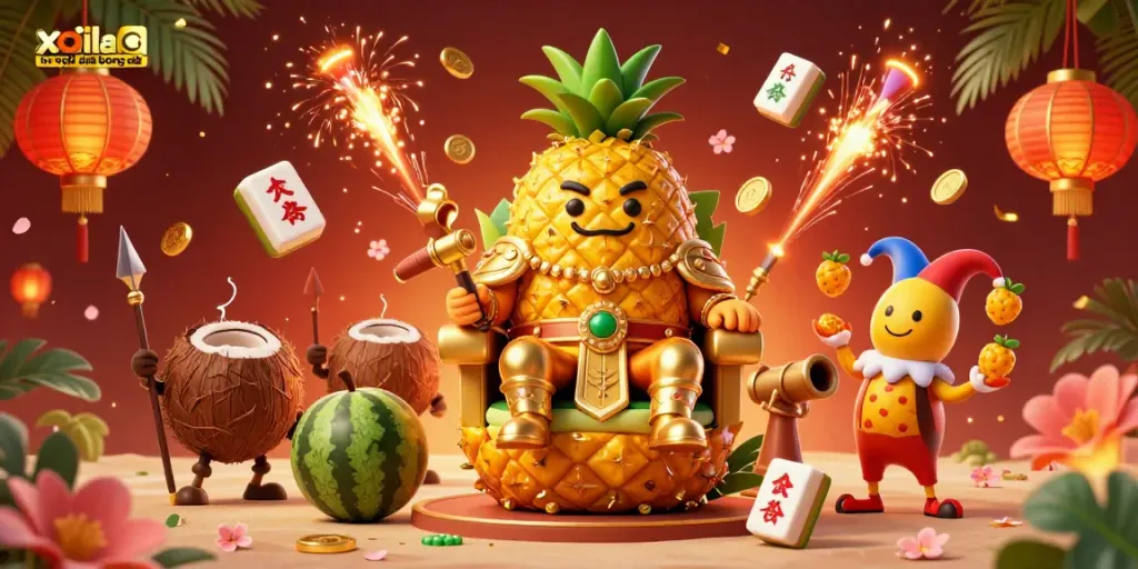 Watch exciting moments of xoilac tv trực tiếp bóng đá featuring a golden pineapple king and vibrant gaming elements.