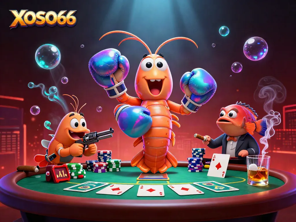 XOSO66 showcasing intense poker action with vibrant 3D ocean characters in an electrifying casino setting