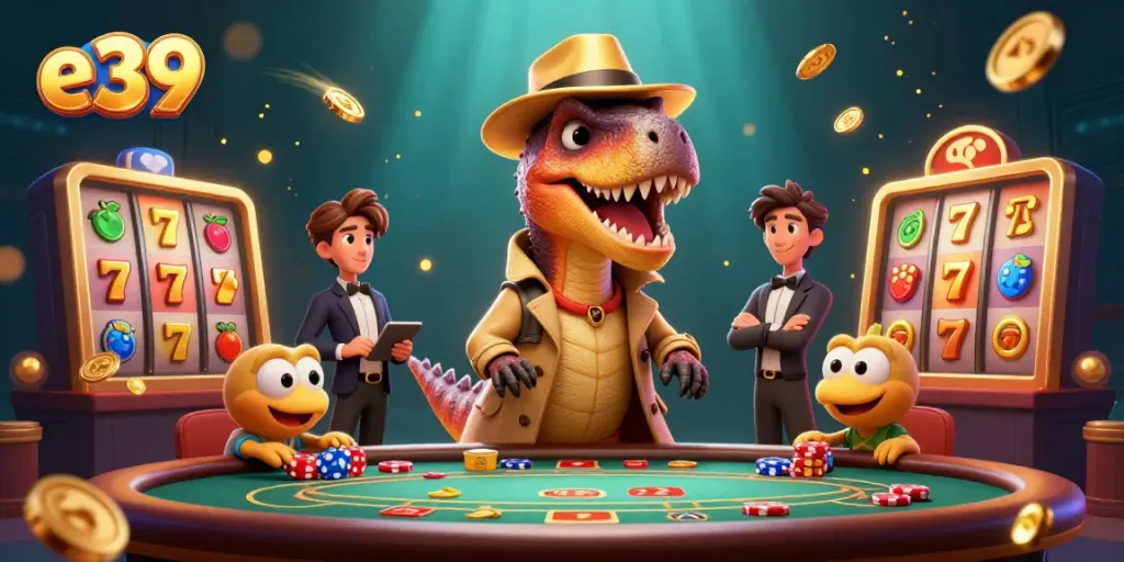 Experience excitement at e39 with a charming velociraptor card counter and a sneaky compy in a vibrant casino.