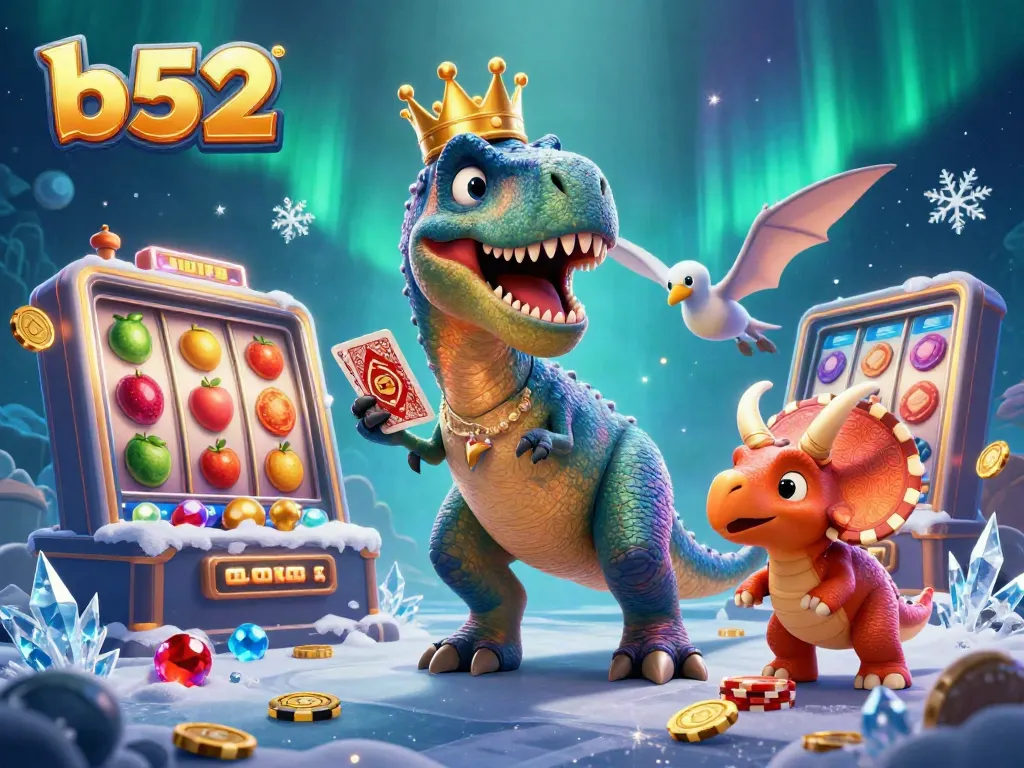 Engage with b52 gaming as a T-Rex plays cards, surrounded by spinning slots and colorful fruits.