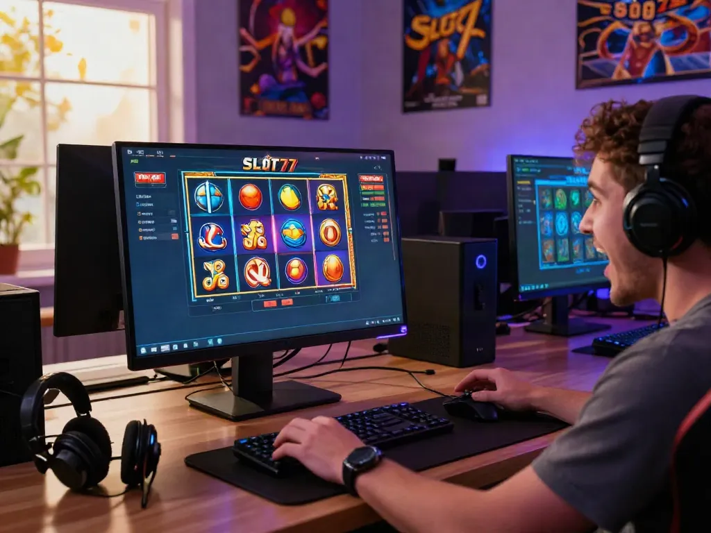 Engaging SLOT777 online gaming experience with vibrant graphics and excited user interaction on laptop.