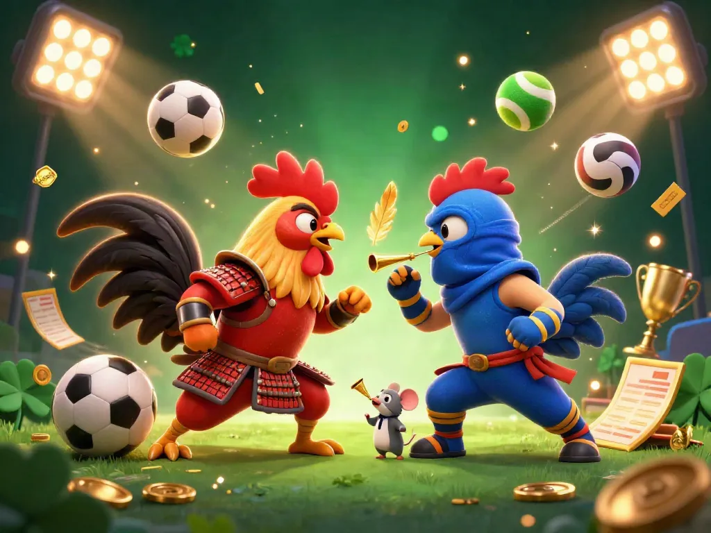 Experience intense AE888 cockfighting action with roosters in samurai and ninja gear, vibrant casino elements