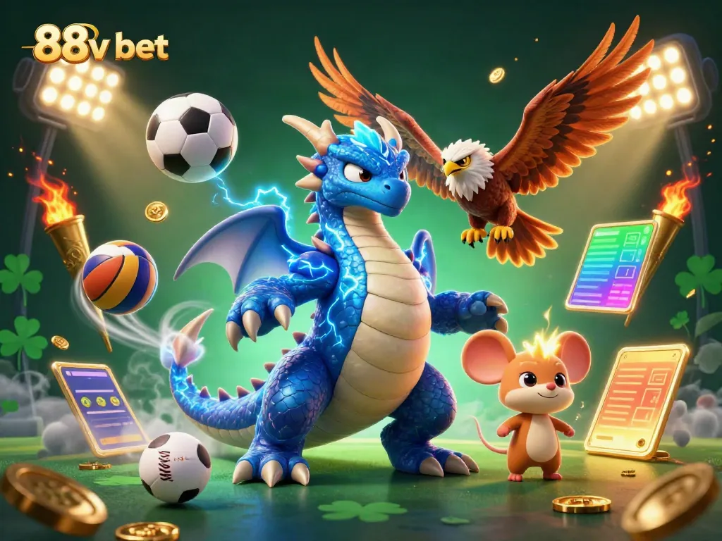 Experience exhilarating play with 88v bet, featuring a vibrant 3D dragon and sports dynamic elements.