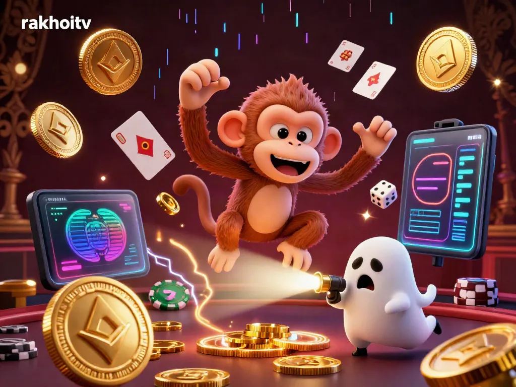 Experience rakhoitv's thrilling gambling scene where a poltergeist monkey juggles crypto coins in a haunted casino.