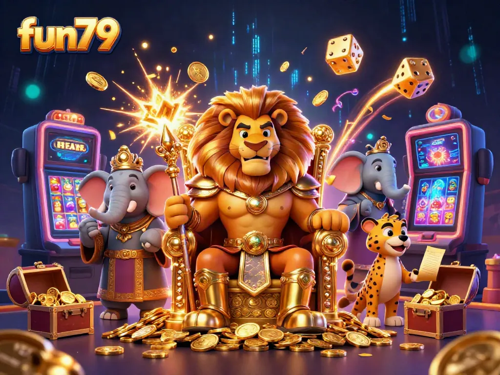 Experience the fun79 casino adventure with our charismatic characters amidst a thrilling jackpot scene.