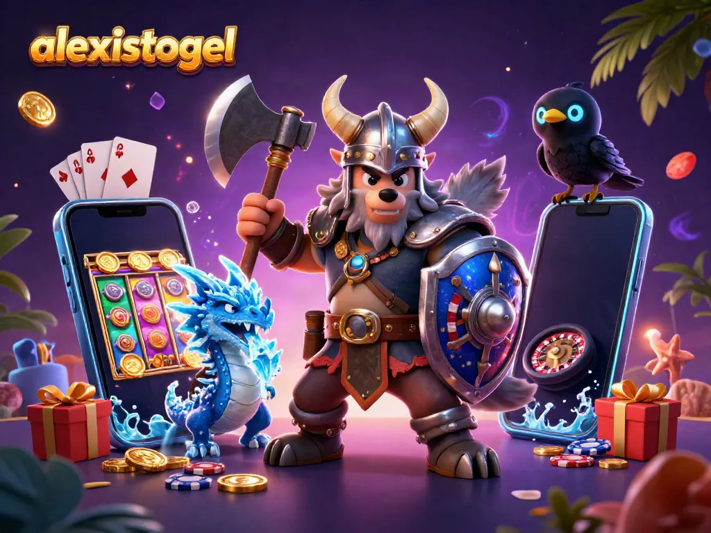 Gambar menampilkan aksesoris judi slot menarik dari alexistogel dengan karakter Viking dan naga.