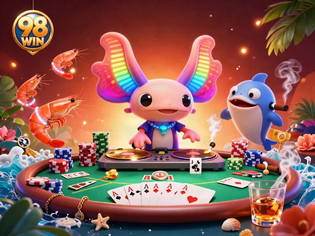 Spin the excitement with 98 WIN at a lively poker party showcasing vibrant characters and dynamic gameplay.