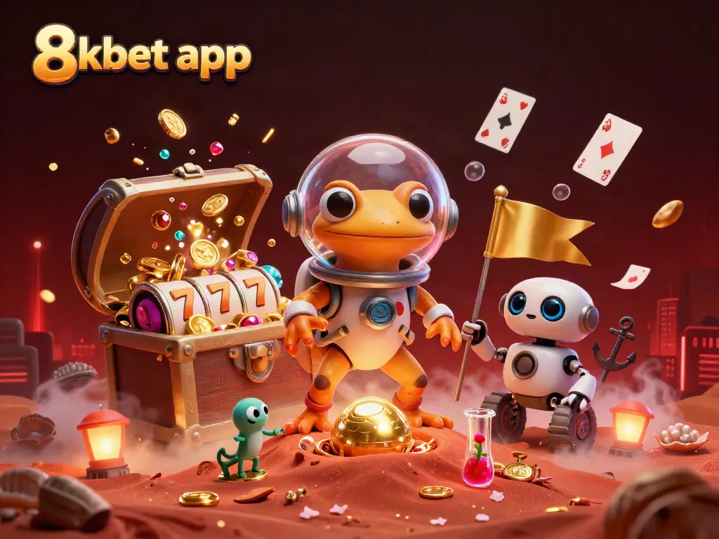 Immerse in the vibrant universe of the 8xbet app, where our Martian gecko and robot rover celebrate casino treasures amid rich 3D animation.