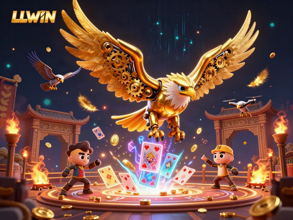 Experience the thrill of LLWIN as cybernetic eagles soar through a vibrant casino scene.