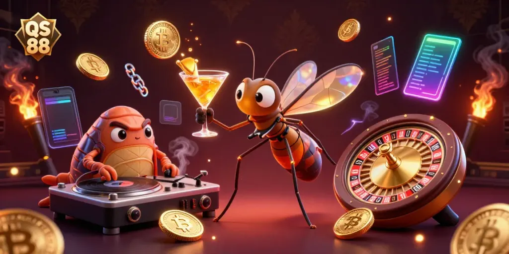 Experience the vibrant QS 88 casino scene with a unique animated mascot and rich gambling elements.