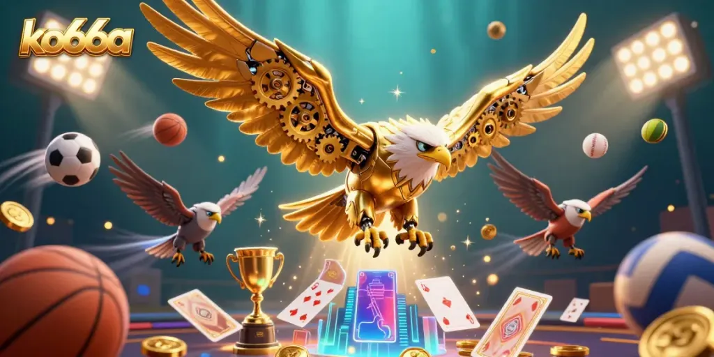 Engage with ko66a's thrilling experience of vibrant online gambling showcasing a dynamic scene of casino elements.