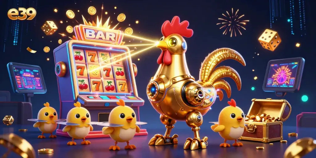 Experience thrilling wins at E39 with a golden rooster robot and baby chicks amidst dazzling casino elements.