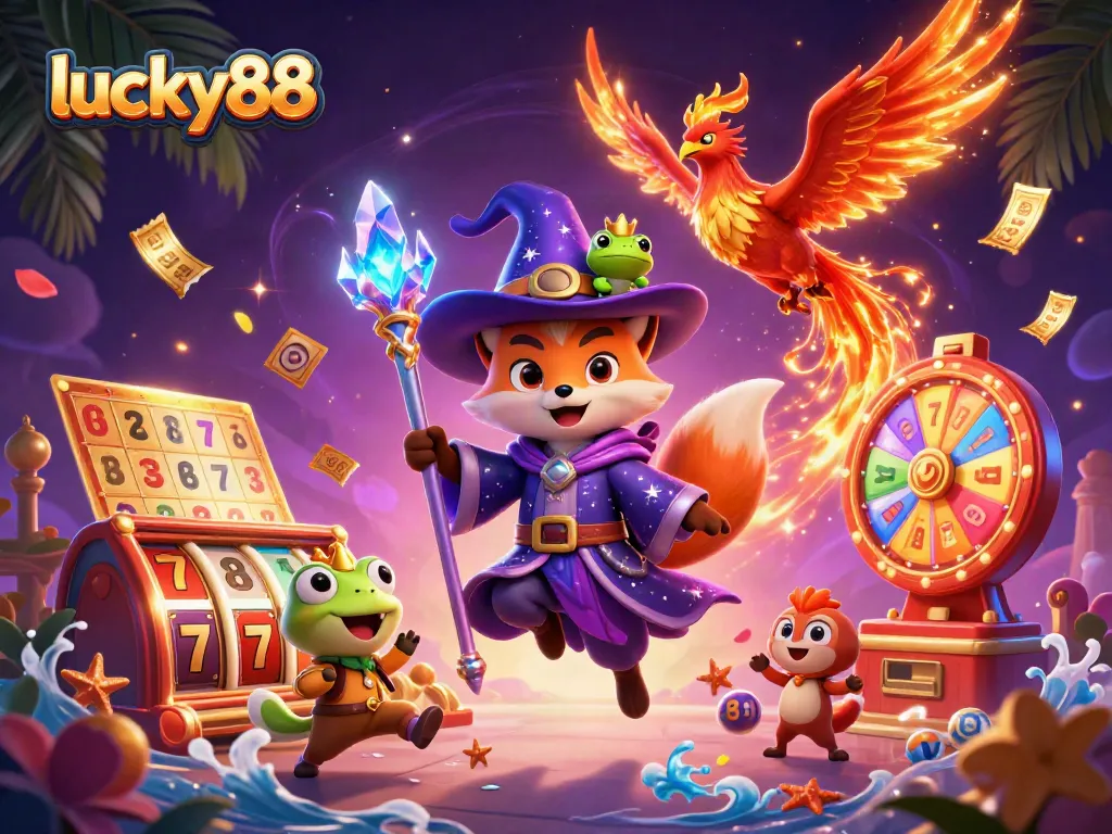 Experience the excitement of lucky88 with this vibrant 3D illustration featuring dynamic casino games and magical characters.