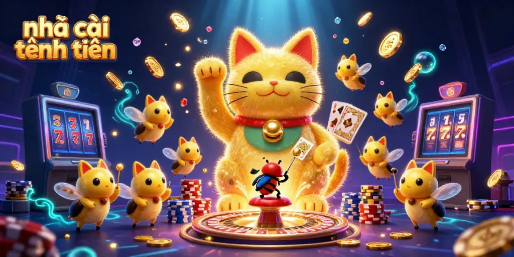 Experience the thrilling world of nhà cái tặng tiền with a vibrant casino scene showcasing lucky symbols and gold coins.