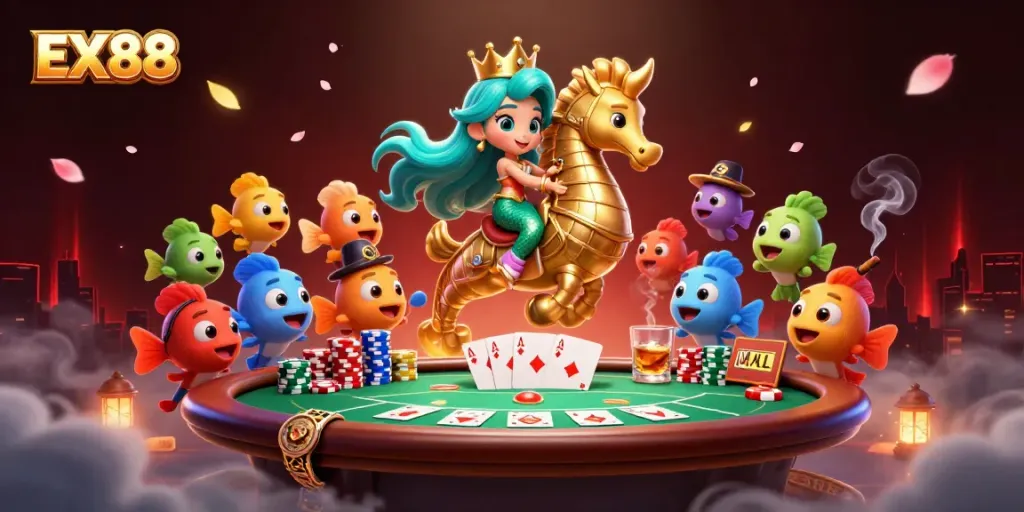 Experience EX88's vibrant mermaid casino adventure with poker and colorful characters.