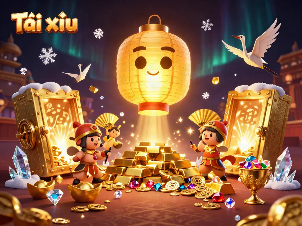 Experience the excitement of Tài xỉu with golden lanterns and treasure in a vibrant casino scene.