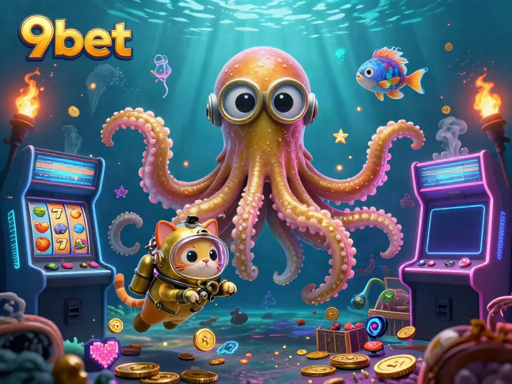 Engage with thrilling games at 9bet, featuring a kraken and diving cat in a vibrant casino scene.