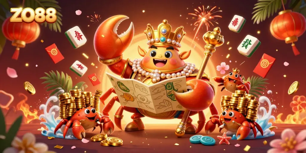 Experience thrilling gameplay at ZO88 with a grand crab emperor guiding players to fortune amidst vibrant casino elements.