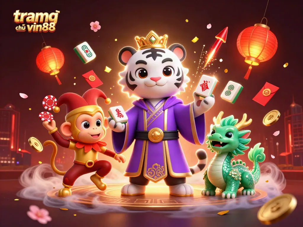 Win big with tramg chủ vin88 at this vibrant and immersive online casino scene featuring dynamic characters and symbols!