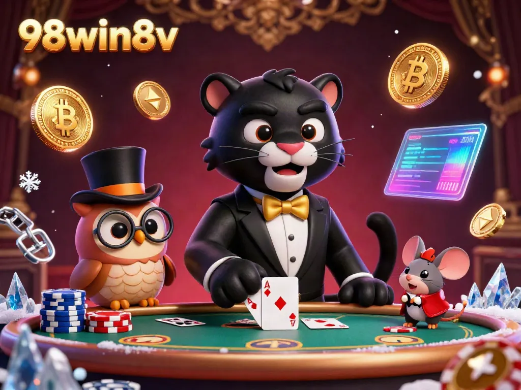 Engage with 98win8v's lively casino scene featuring a stylish panther dealer, an owl with poker chips, and a lucky mouse.