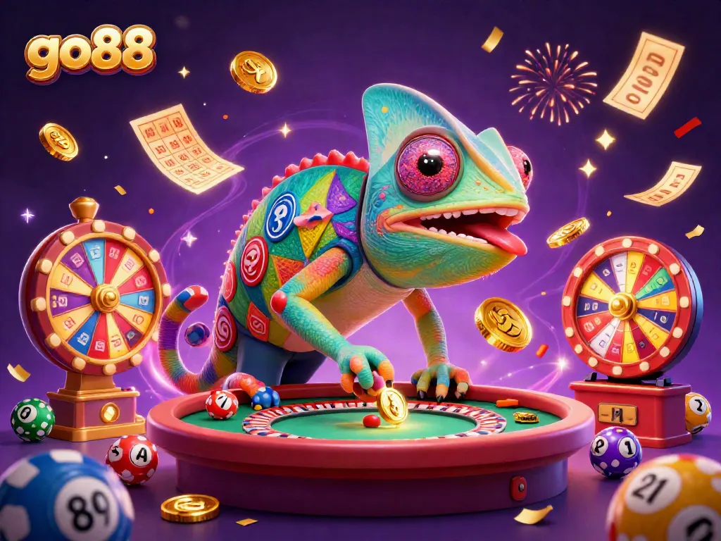 go88 character with colorful elements and dynamic casino celebration in a 3D scene.